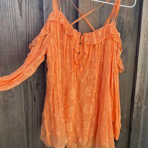 off the shoulder coral/orange flareat top from Anthropologie